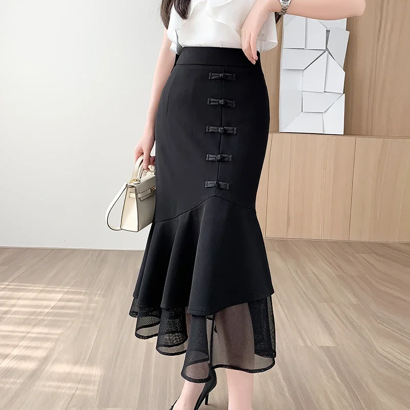 

Korean Style Fashion High Waist Trumpet / Mermaid Long Skirt Women Spring Summer Mesh Plus Size Casual Black Skirt