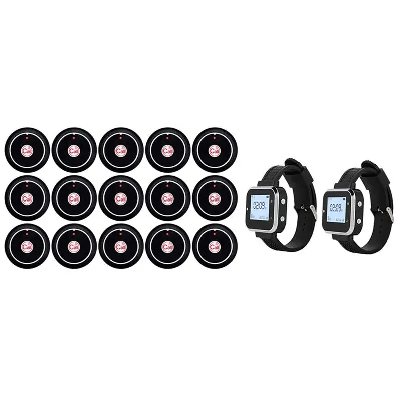 ABJF-Wireless Calling System For Restaurants 15 Table Call Buttons 2 Watch Pager Efficient Waiter Service Buzzer, Long Range US