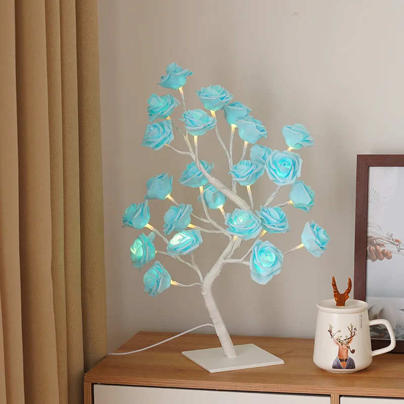 24LED Table Lamp Rose Flower Tree Night Light Christmas Home Party Wedding Bedroom Decoration Gift USB Plug Bedside Desk Lamp