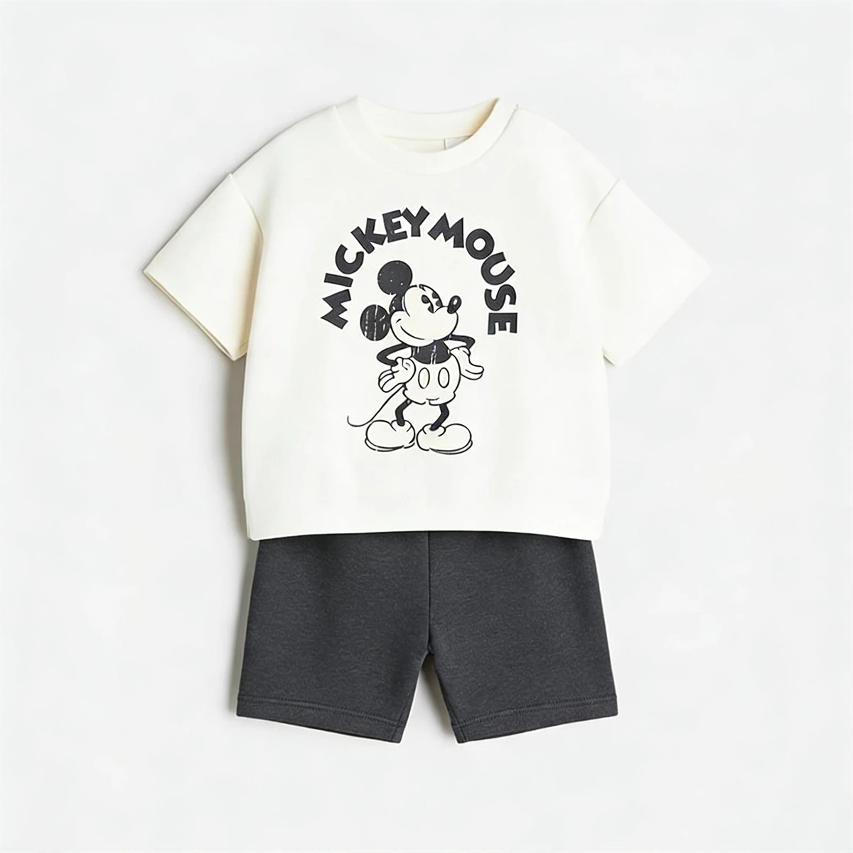 White Mickey Tshirt Black Shorts 2pcs Boys And Girls Cartoon Clothing Set Casual Loose Suits Simple Trendy Wear Short Sleeve Set