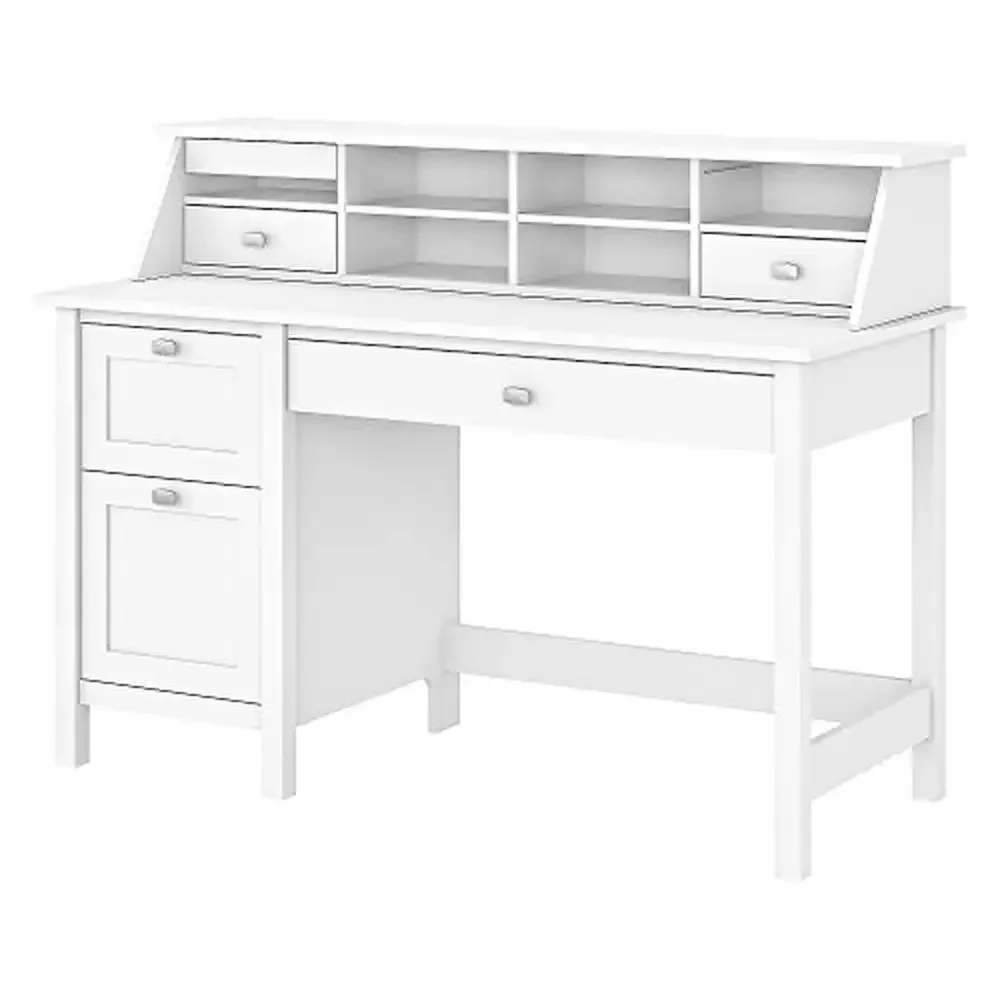 Compact White Computer Desk with Storage and Keyboard Tray Modern Stylish Writing Table Home Office Sturdy Post-Leg Design 8