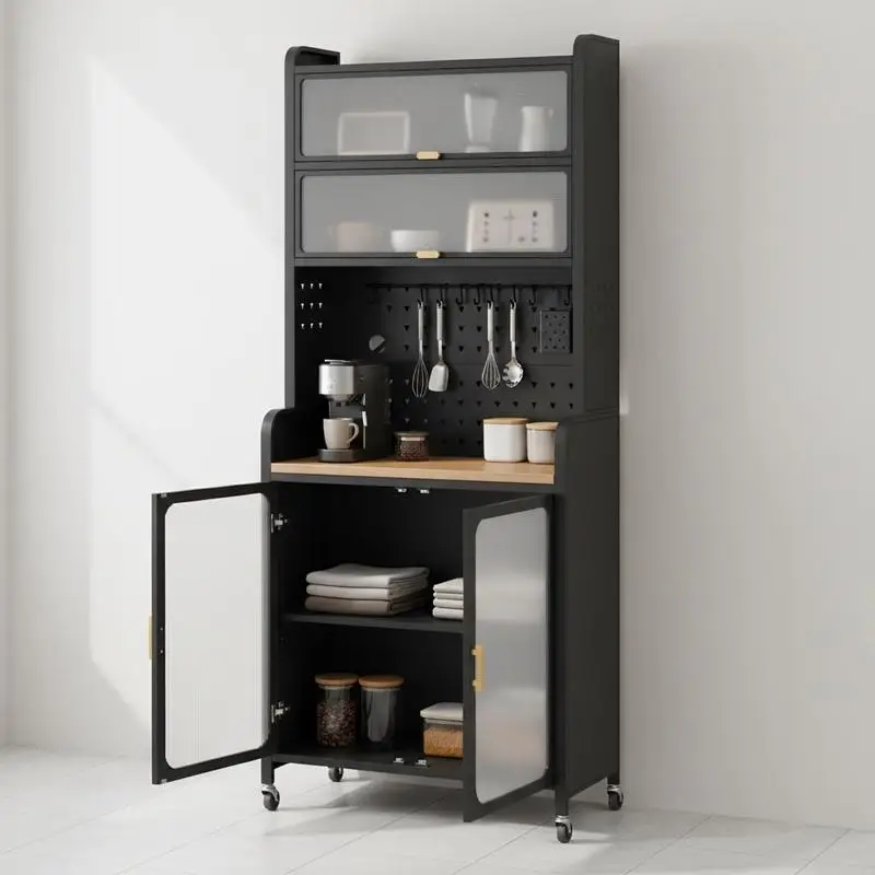 Mueble de cocina con ruedas, estante de cocina con encimera, puertas abatibles, estante ajustable y pared perforada, negro