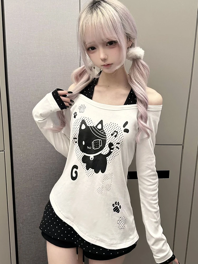 Sexy Halter Cute T Shirts Women Sweet Preppy Style Fall Cartoon Kawaii Tees Harajuku Vintage Long Sleeve Slim Off Shoulder Tops