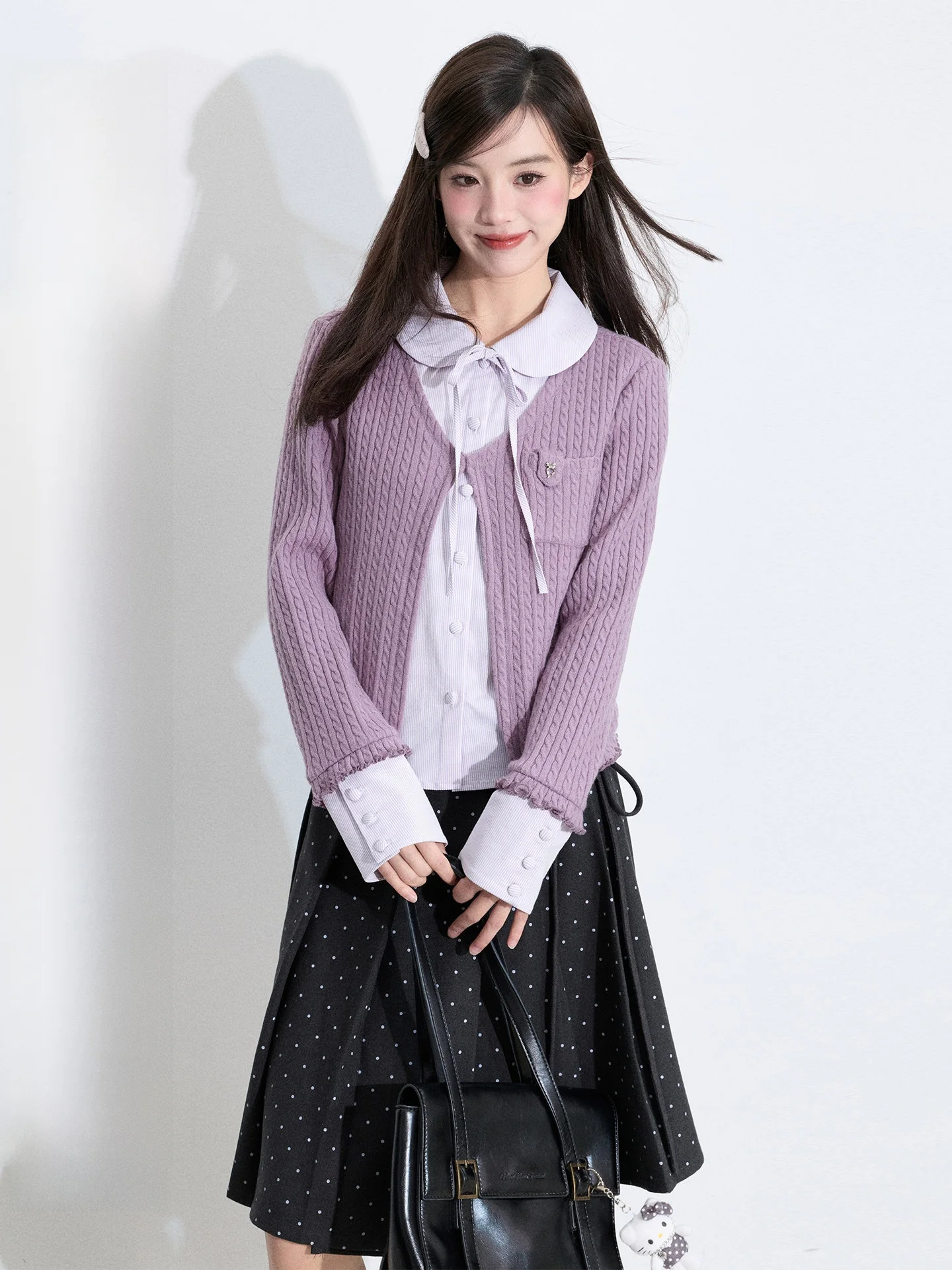 

Original Purple Striped Knitted Cardigan Women's Doll Collar Layered Top Sweet Sle Slim Fit Medium Softn Long Sve
