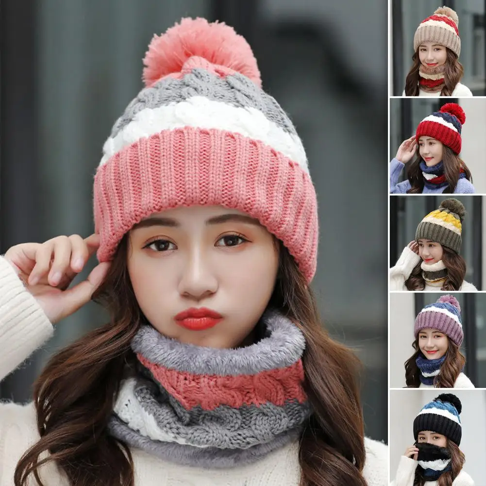 2Pcs/Set Autumn Winter Women Beanies Hat Scarf Contrast Color Stripe Plush Lining Fluffy Ball Knitting Cap For Outdoor