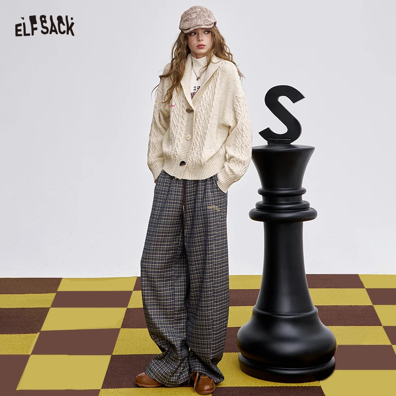 ELFSACK 2025 Winter New Arrivals Casual Loose Embroidered Plaid Long Pants For Woman