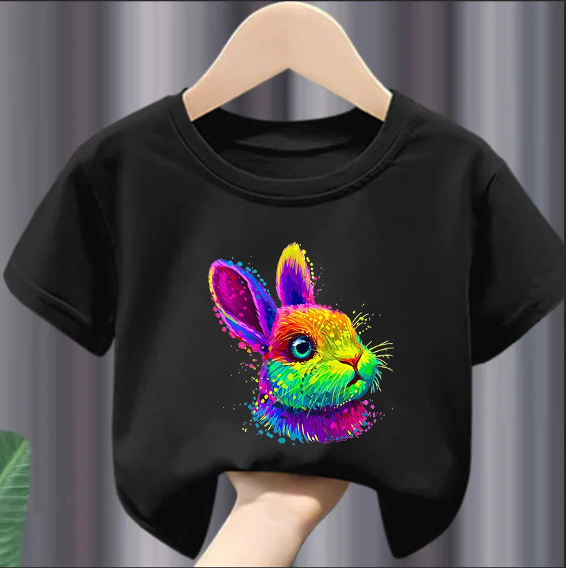 Trend Easter Rabbit T-Shirt Colorful Rabbit Print Summer New Cartoon Modal Short Sleeve T-shirt Children's Tide Clothes