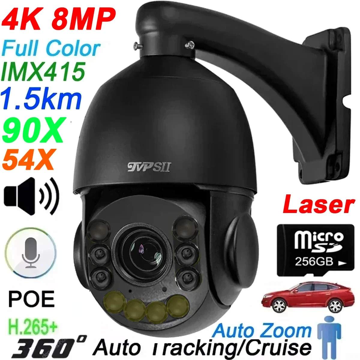 Black Full Color Auto tracking H.265 8MP 4K 90X Optical Zoom 360° Rotation Audio ONVIF POE PTZ Surveillance Speed Doom IP Camera