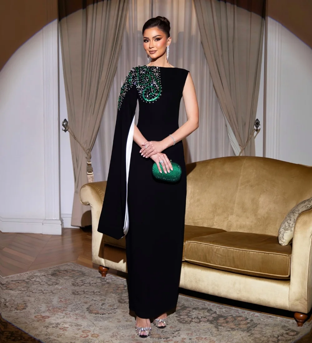 

Customized Pastrol Jersey Pleat Sequined Pattern Straight Scoop Neck Long Bespoke Occasion Party Dresses Modern Style