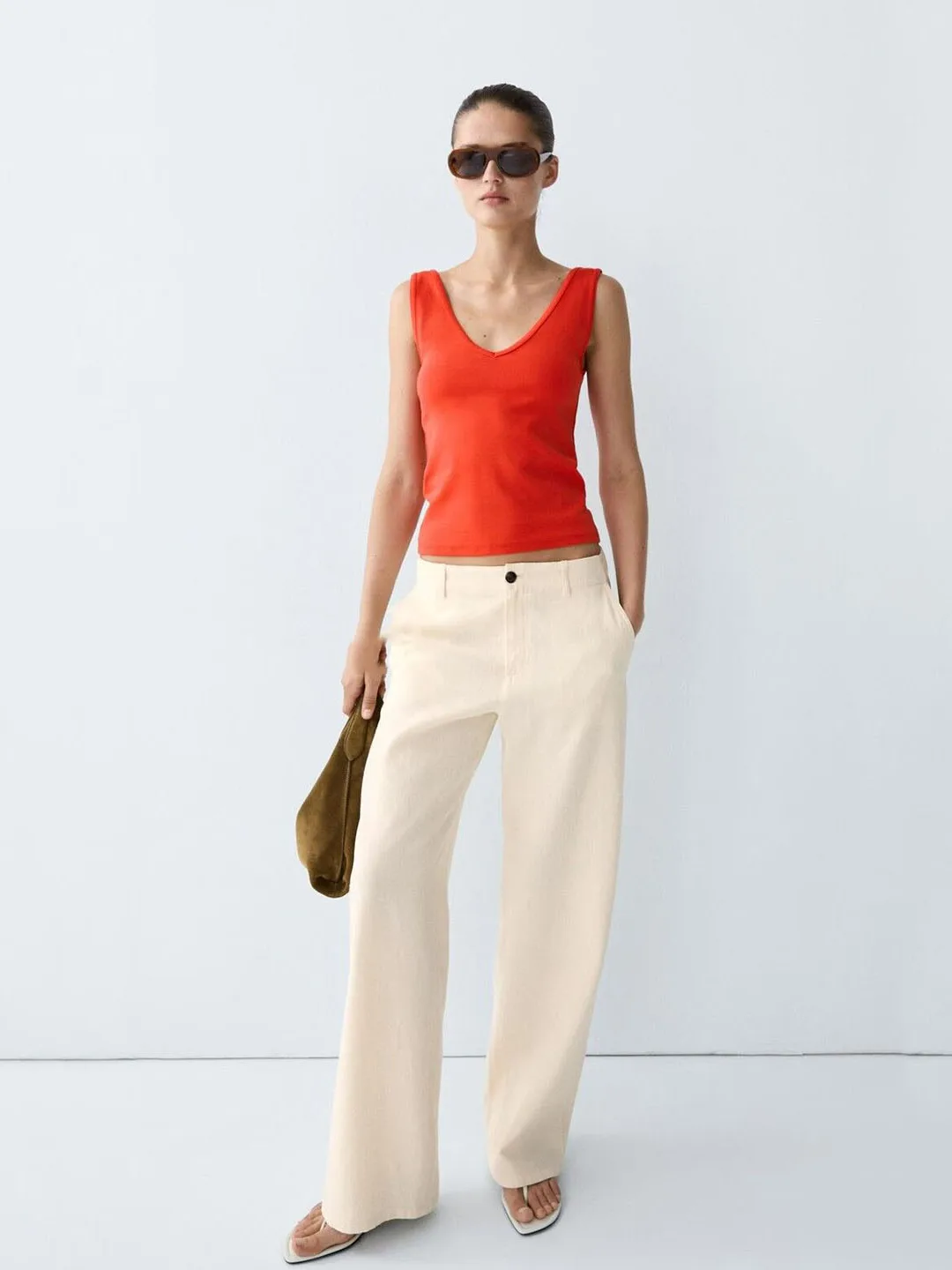 MD Women's Summer New Casual Simple V-neck Red Cotton Blend Wide Shoulder Strap Inner Wear Sleeveless Vest Top