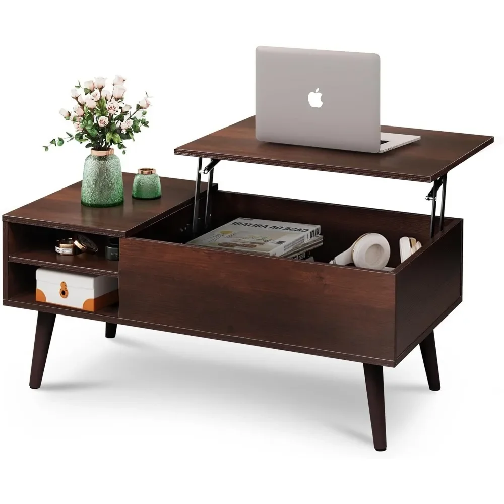 

Furniture - Wooden Elevating Top Table with Hidden Compartments and Adjustable Storage Rack -39.37"D X 19.69"W X 16.93"H-