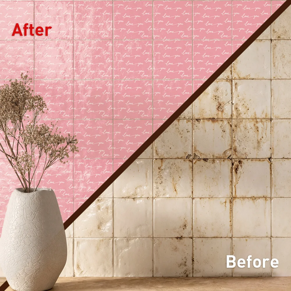 Love Letter Tile Stickers Waterproof Peel and Stick Self Adhesive Oil Proof Backsplash Decals Floral Wallpaper for Script Decor