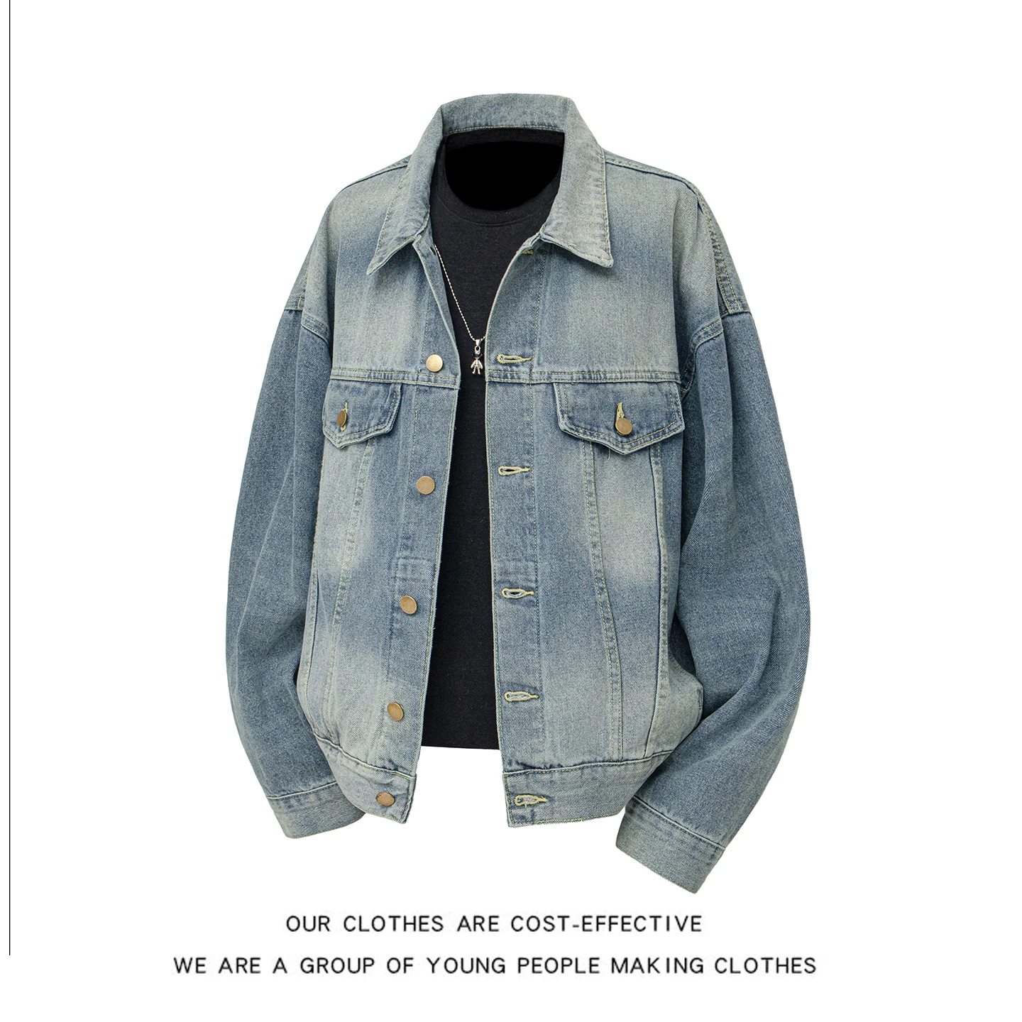 

Retro American Denim Jaet Men's Spring Autumn adient Waed Casual Loose Couple's Outerwear Long Sve Flip Collar