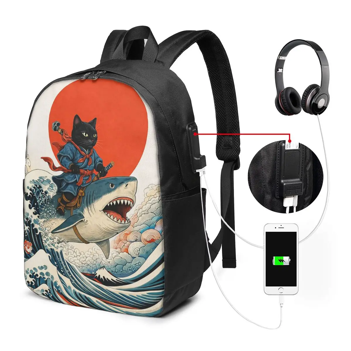 Cat Japanese Samurai Cat Riding Shark Backpack Travel Notebook Bag Computer College Student School Bag Laptop Shoulder Bags