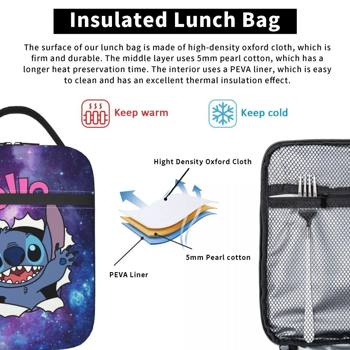 Space Stitch Perfect Gift Insulated Lunch Bag Thermal Bag Reusable Lilo and Stitch Portable Tote Lunch Box Men Women Work Picnic