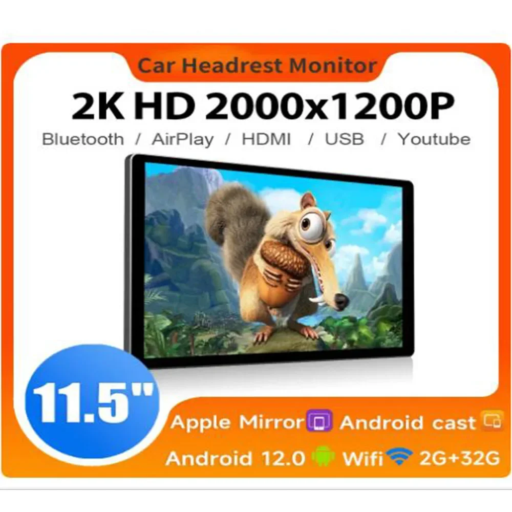 11.5'' Android 12 2+32G Car Headrest Monitor Display IPS Tablet Touch Screen For Car Rear Seat Video Music TV Player HDMI Input