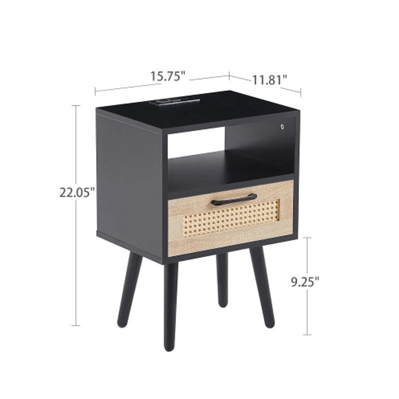 Mesa auxiliar de ratán de 15,75" con toma de corriente y puertos USB, mesita de noche moderna con cajón y patas de madera maciza, mesa auxiliar, negro