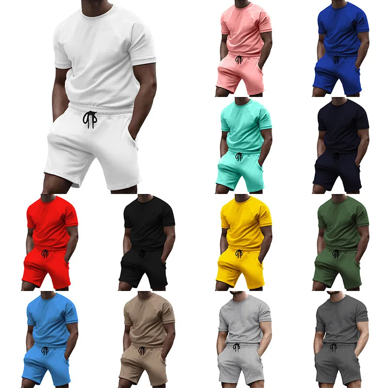 Summer New Men\'s Short-sleeved T-shirt Solid Color Tracksuit Quarter Pants T-shirt+Shorts Set Two-piece Fashion Casual 2pcs Set