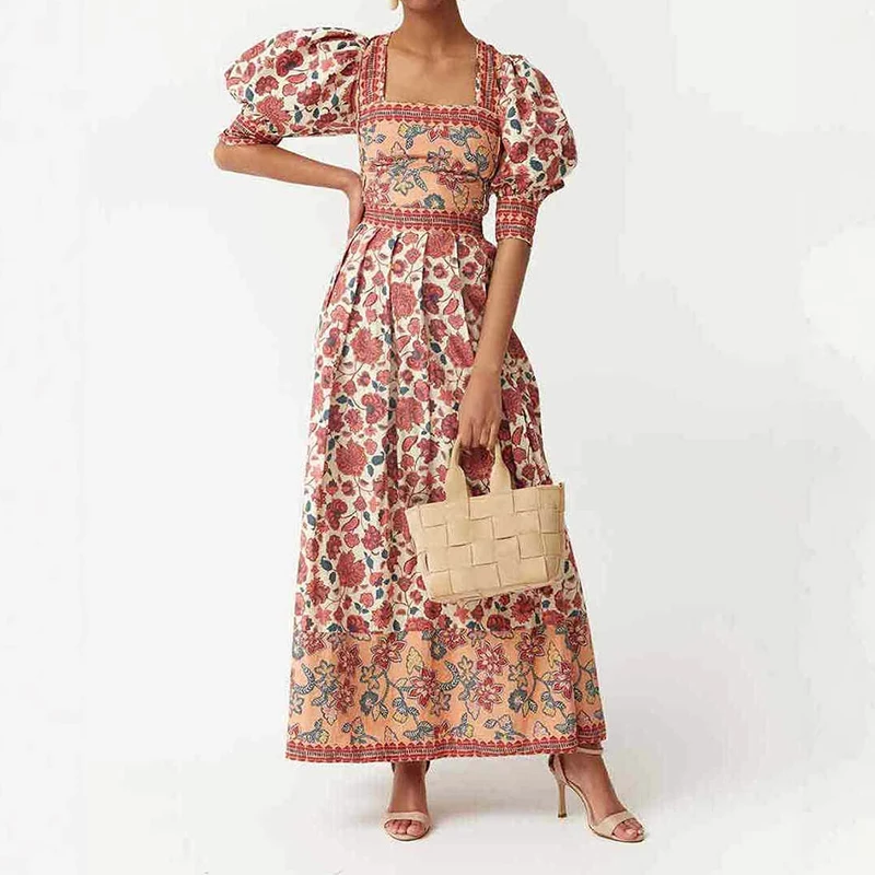

Lady Elegant Square Neck Puff Sleeve Top + Long Skirt Suit Fashion Summer Floral Print Party Outfit New Casual Bohemian 2pc Sets