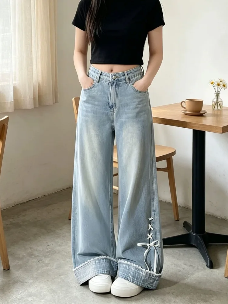 Women's Bow Tie Strap Flanging Jeans Casual High Waisted Pants Young Girls Sweatpants Summer Bottoms Female Wide Leg Trousers