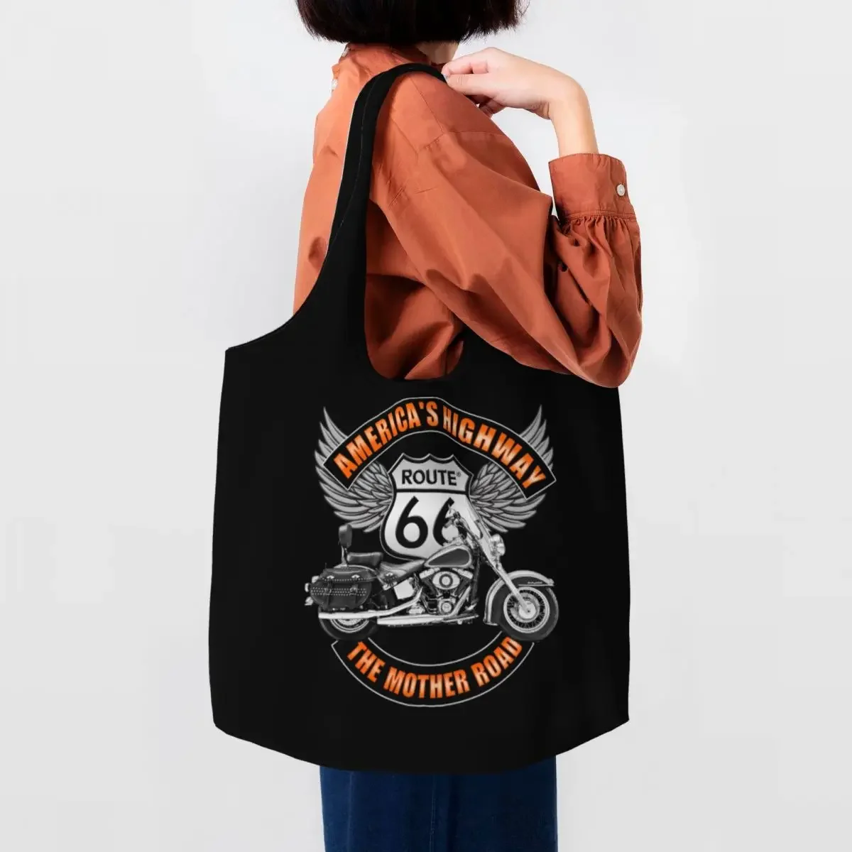 Recycling Americas Highway Route 66 Shopping Bag Women Shoulder Canvas Tote Bag Washable USA Highway Groceries Shopper Bags