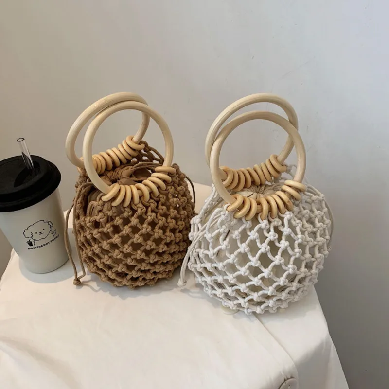 Handmade Drawstring Woven Designer Tote Bag One Shoulder Braided Beach Women's Handbag Wooden Handle Cute Bags Women Handbags