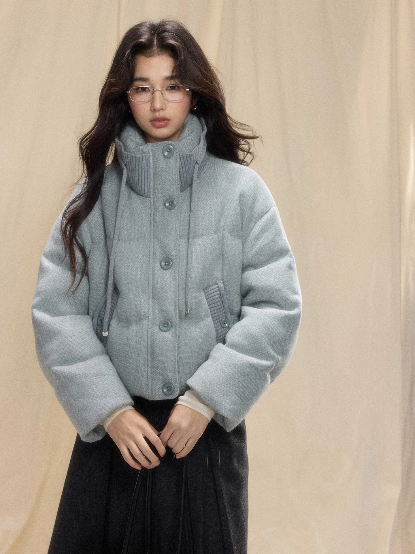 

Warm Thi ort Knitted Du down Jaet Women's Sli Patchwork Stand Collar Coat Retro Commute Sle Fce Inner Coat