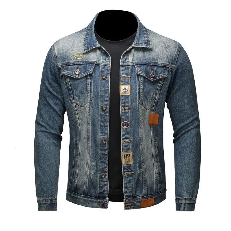 2025 Autumn Winter New Men Blue Denim Jacket Turn Down Collar Multiple Buttons Patchwork Decoration Retro Trendy Upper Outerwear