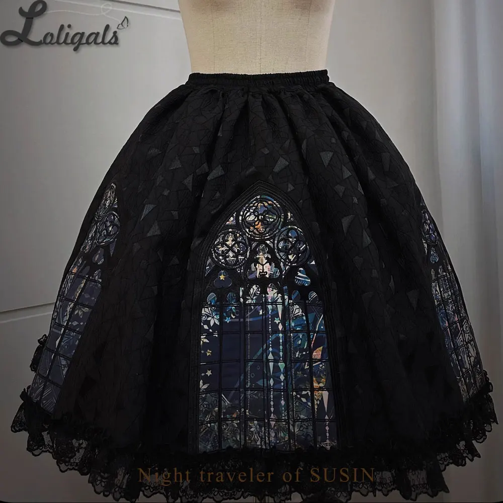 تنورة قوطية على شكل حرف A نافذة كاتدرائية مطبوعة تنورة لوليتا قصيرة بخصر مطاطي ~ المسافر الليلي من SUSIN #4