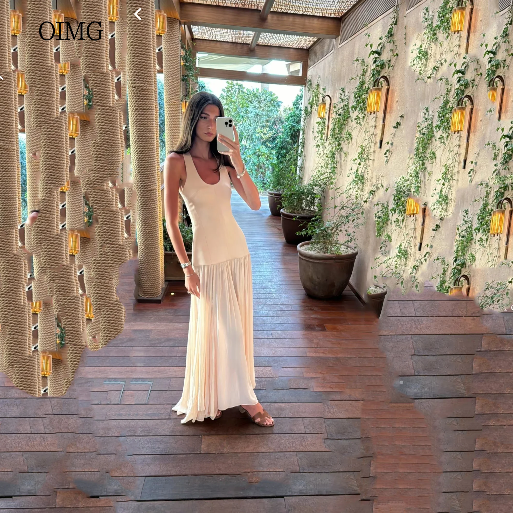 

OIMG Simple Ivory U Neck A Line Formal Prom Gowns Sleeveless Pleated Evening Dress Ankle Length Party Dresses 2025 Customized