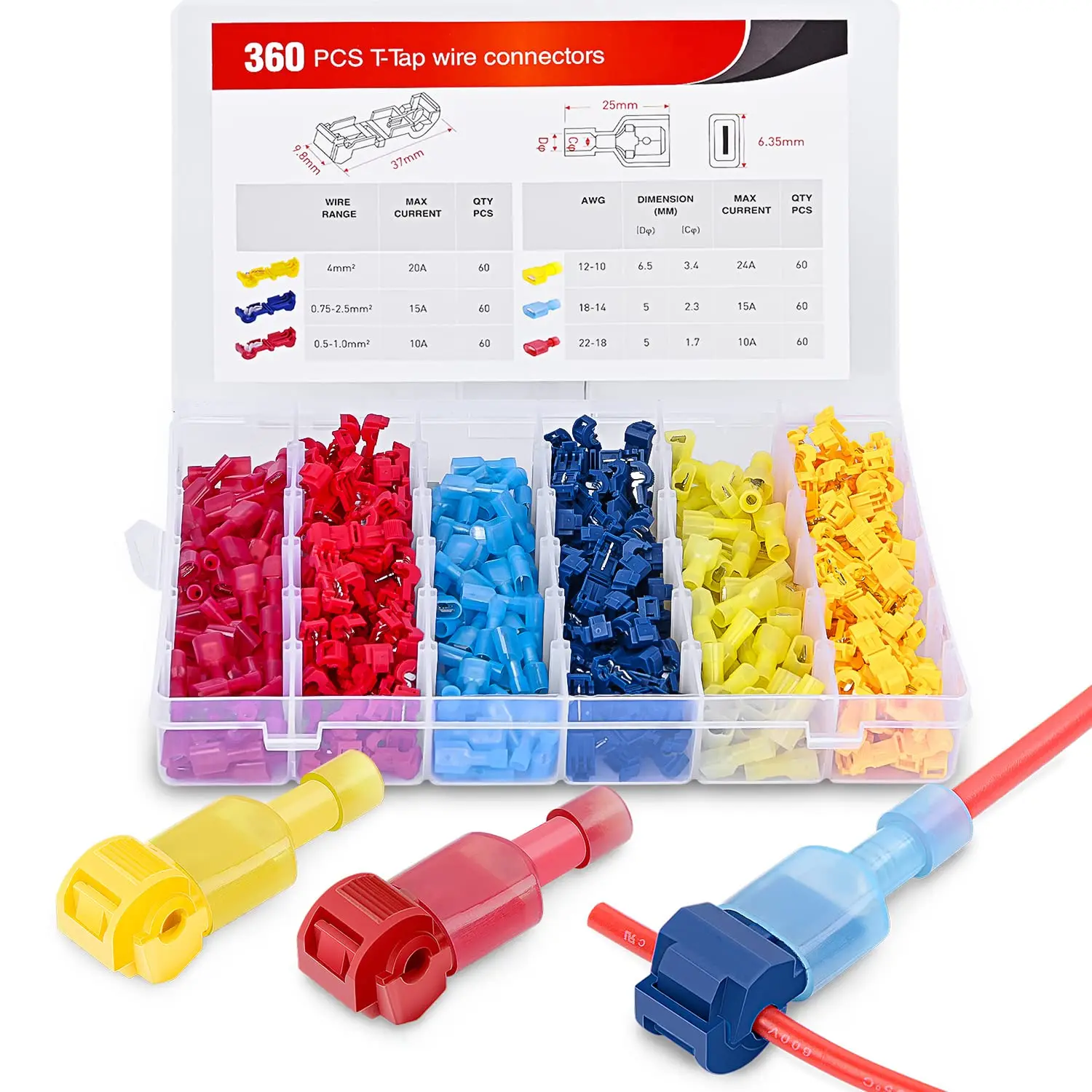 T-Tap Wire Connectors, Self-Stripping Quick Splice Electrical Wire Terminals, Insulated Male Quick Disconnect Spade Terminals