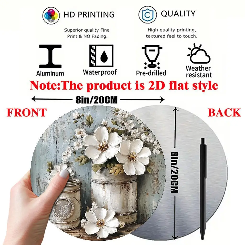 لافتة فنية جدارية من الألومنيوم مستديرة من الألومنيوم مكونة من قطعتين مسطحة ثنائية الأبعاد - برطمانات ميسون ريفية عتيقة مع زهور وخضراء، مقاس 8 × 8 بوصة متينة #3