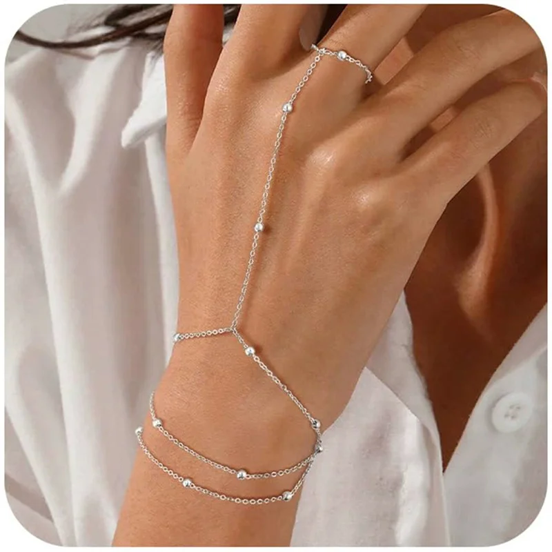 

Trendy Gold Color Dainty Hand Chain Bracelet for Women Simple Thin Link Chain Connecting Harness Bracelet Ring Hand Jewelry Gift