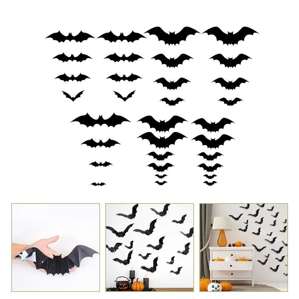 72Pcs Halloween Bat Decals 3D Wall Stickers PVC Non Damaging Removable for Room Decor Party Eve Ghost Festival Background