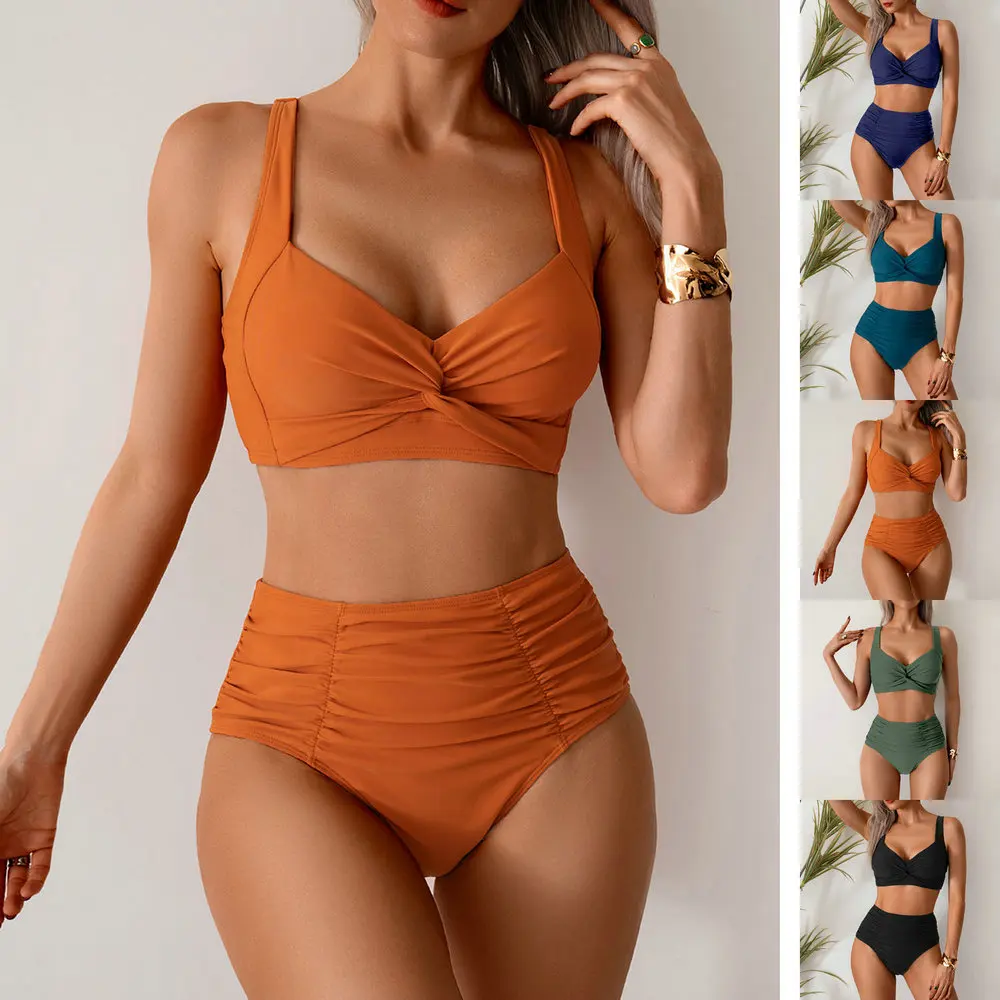 

Sexy Pleate High Waist Bikini 2 Piece Set Women Solid Split Beach Vacation Bikini 2025 New Summer Swimwear Bikinis Set