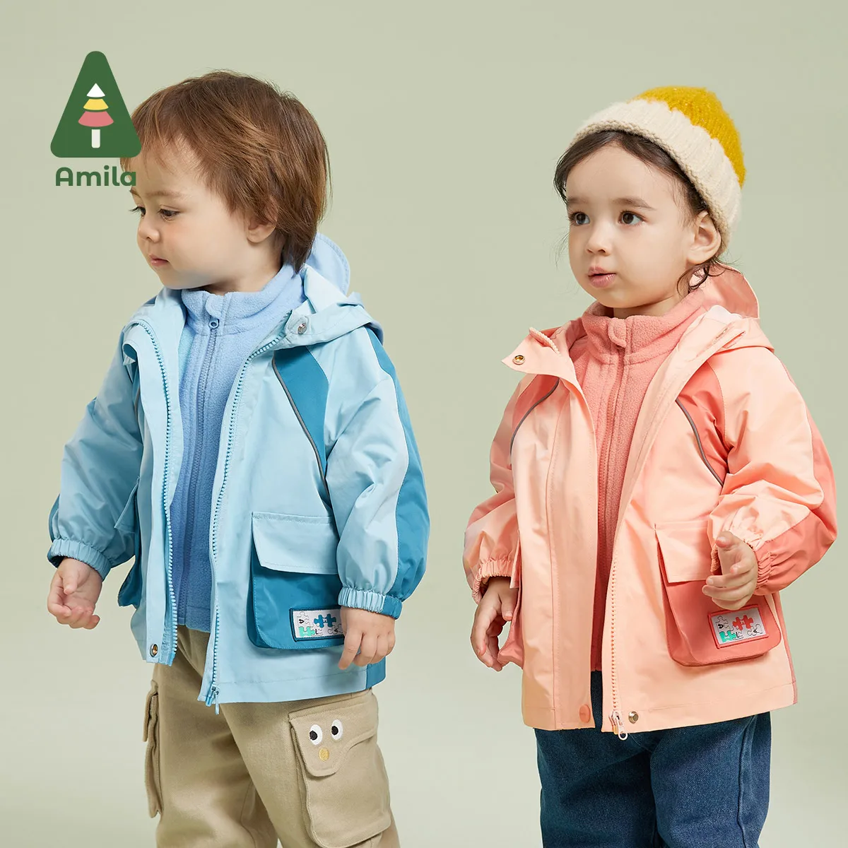 Amila Baby Coat 2023 Autumn New Contrast Montage Comfortable Warm Cute Two-Piece Girls And Boys  Outerwear Kid\'s Clothes