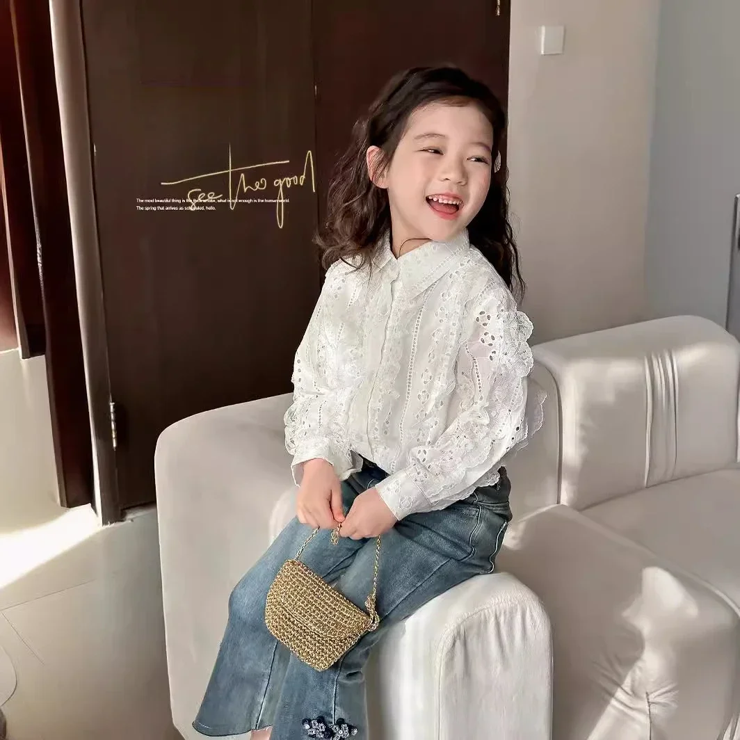 Girls Shirt 2024 Spring and Summer New Korean Children Sweet Lace Doll Shirt Baby Long-sleeved Children Simple Casual Style Top