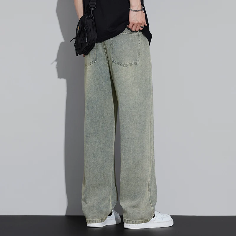 Vintage Trendy Baggy Jeans Men's Streetwear Elastic Waist Straight Loose Wide-leg Pants Washed Casual Oversize Denim Trousers