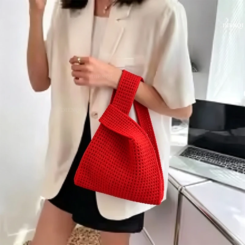 Women's Knit Knot Wrist Bag Hollow Crochet Tote Reusable Shopping Bags Casual Woven Handbag Cosmetic Pouch Hand Bag for Women