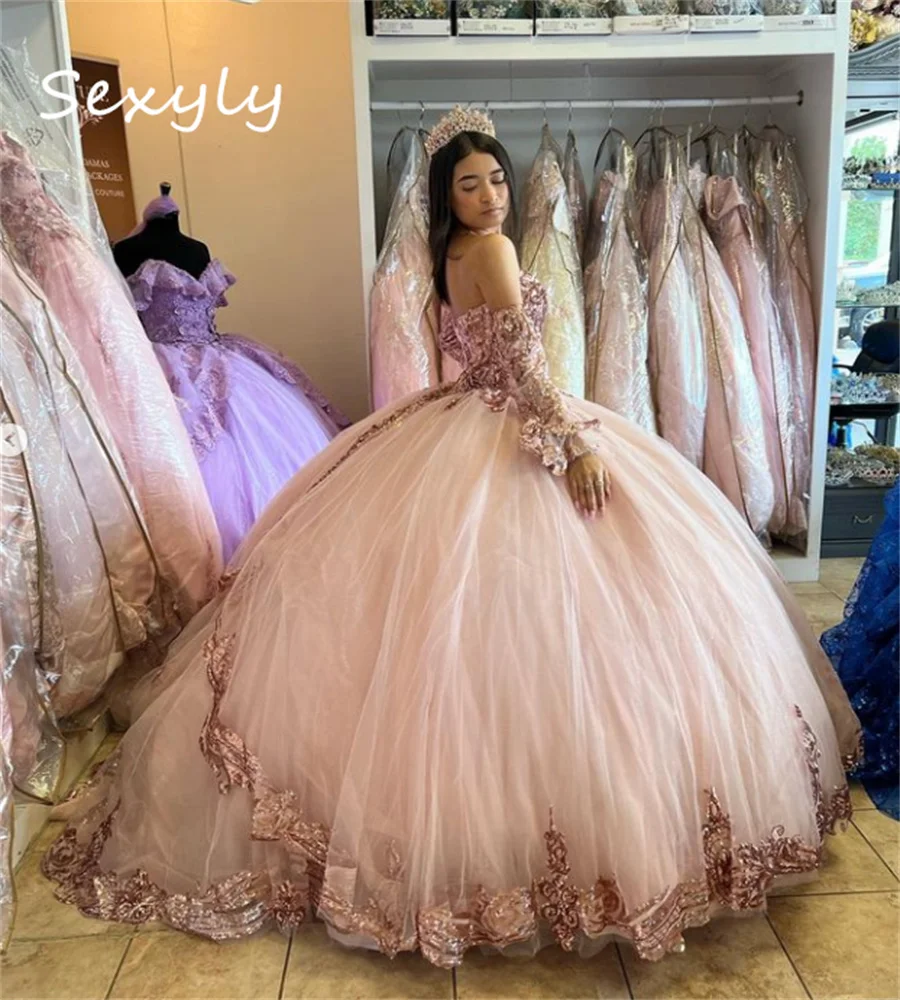 فساتين Quinceanera مخصصة بالترتر المتلألئ الوردي الأميرة الكرة ثوب عيد ميلاد الحلو 16 فستان Vestido de 15 Quinceanera