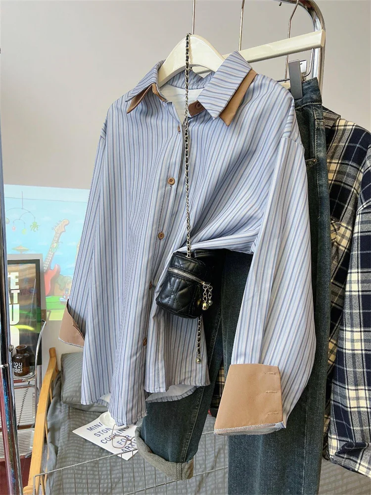 

American Retro Striped Long Sleeve Shirt Women's Spring Summer Loose High-End Feeling Double Layer Collar Shirt Coat