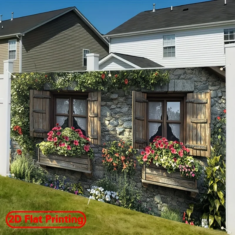 لافتة باب جراج كبيرة 2D Plan 1 - لافتة حفلات بتصميم جدار حجري وزهرة ملونة، مناسبة للمهرجانات