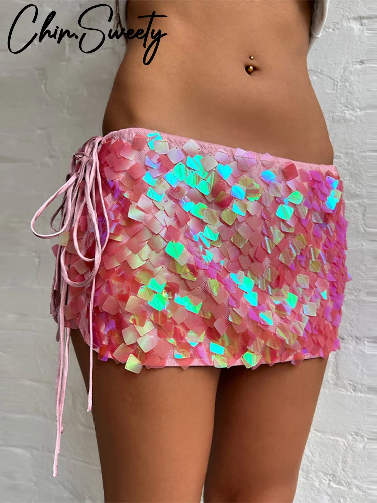

Sexy Green Beading Sequined Mini Skirt Women Lace Up Low Elastic Waist Shiny Skirts Female 2025 Summer Lady Y2K Streetwear