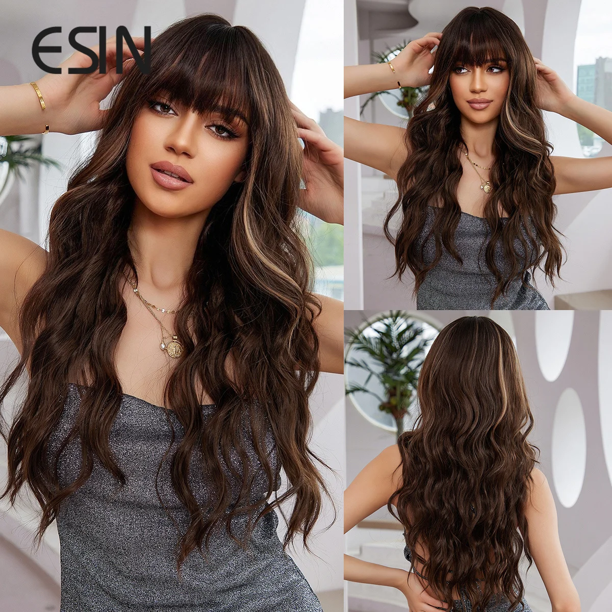 

ESIN Synthetic Brown Highlights Gran Long Straight Wigs with Bangs Natural Cosplay Hair for Women Party Heat Resistant Fiber Wig