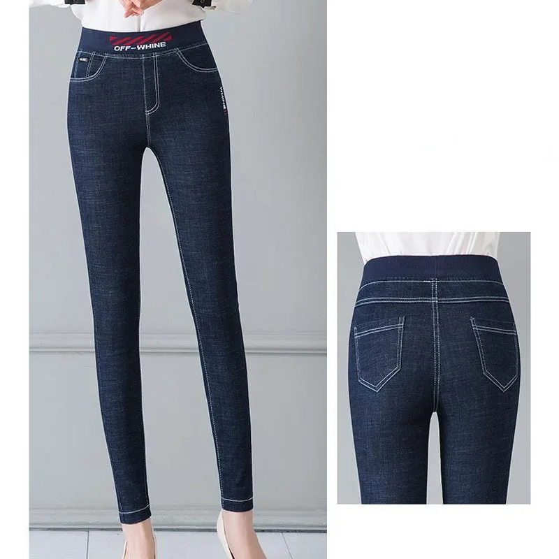 Fashion High Waistd Stretch Jeans Trousers Women Basic Letter Skinny Vaqueros Mujer Blue Denim Pants Mother Ankle Jeans Leggings