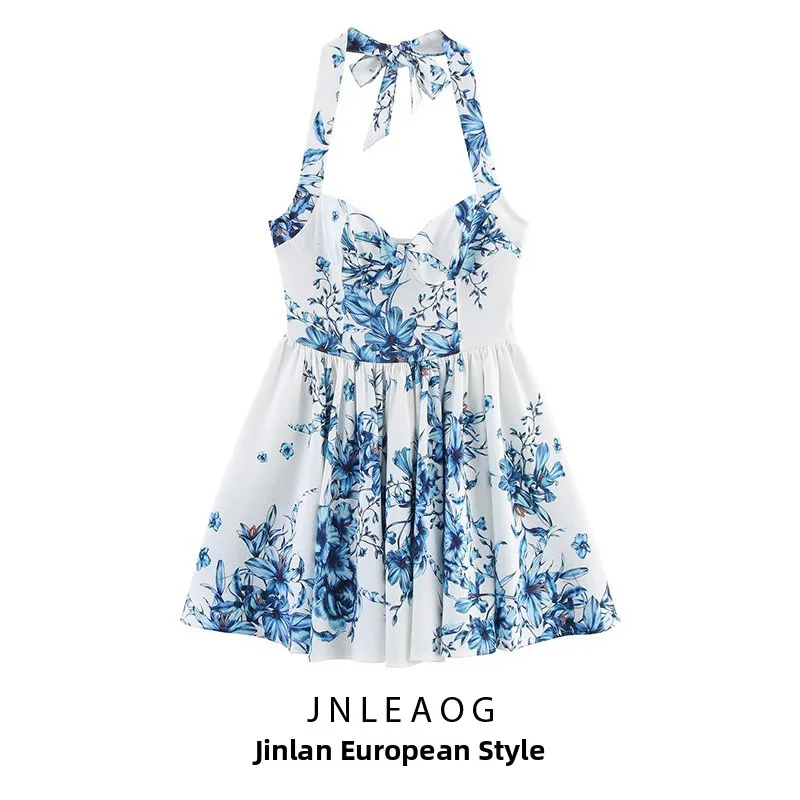 Vestido de Verão F com Estampa Floral e Decote ter, Estilo Francês, Cintura Alta, Fibra de Poliéster, Nova Coleção ...