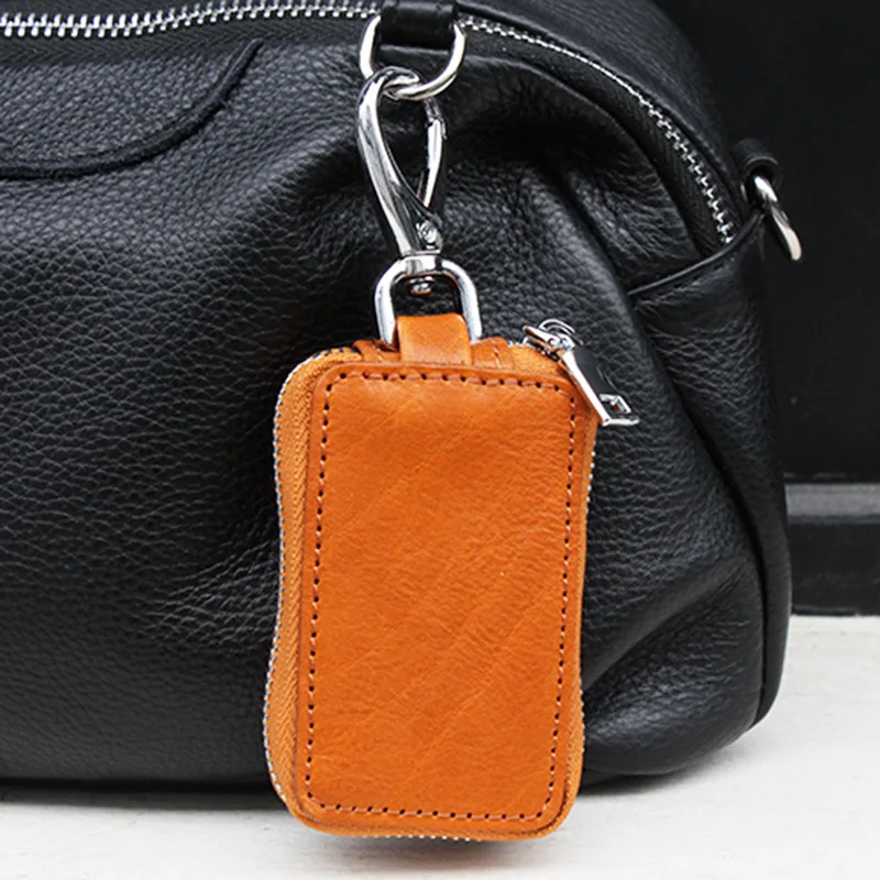 Universal Small Key Bag Leather Car Key Protection Vegetable Tanned Cowhide Leather Unisex Case Vintage Keychain Rectangle