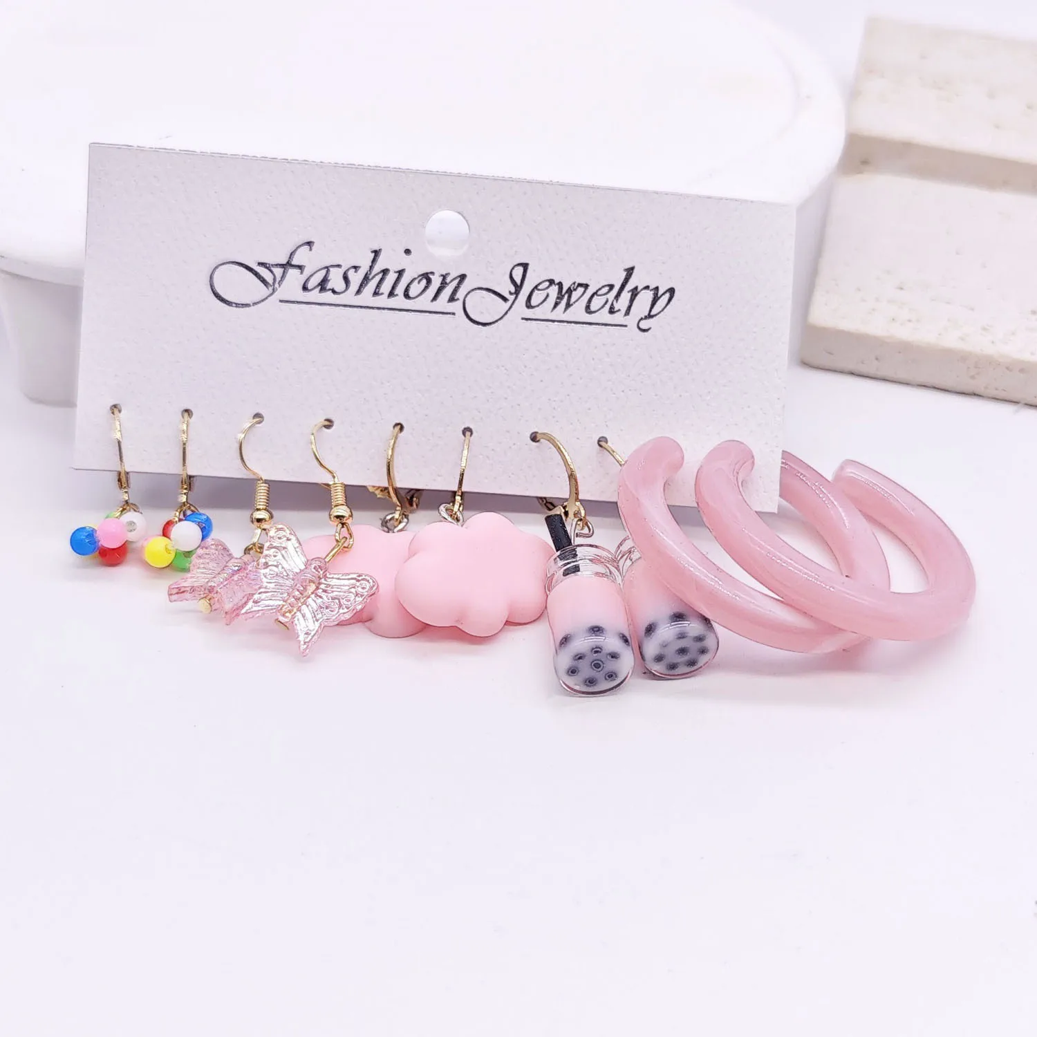 Cross border European and American jewelry candy milk tea earring set with cartoon cute resin simulation butterfly cloud earring