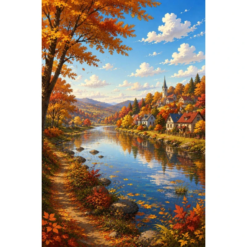 DIY Diamond Painting Kit, Peaceful Countryside Stream and Church, DIY Picture for Wall Ornament, Gift for Collectors