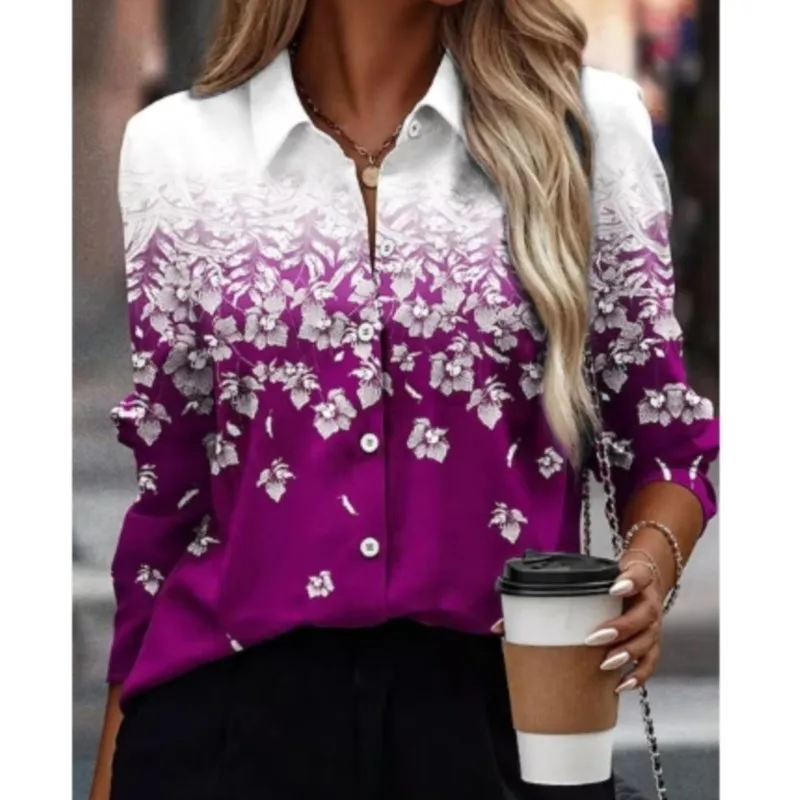 Women's shirt elegant pink floral printed button fashion trend street collar high-end long sleeved personalized shirt for women